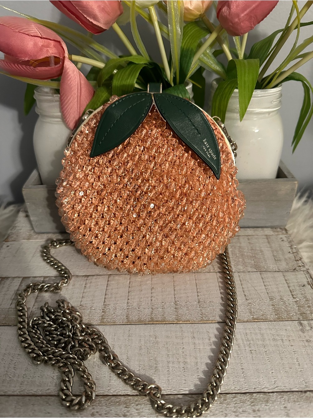 Kate spade embellished crochet peach Bellini crossbody bag